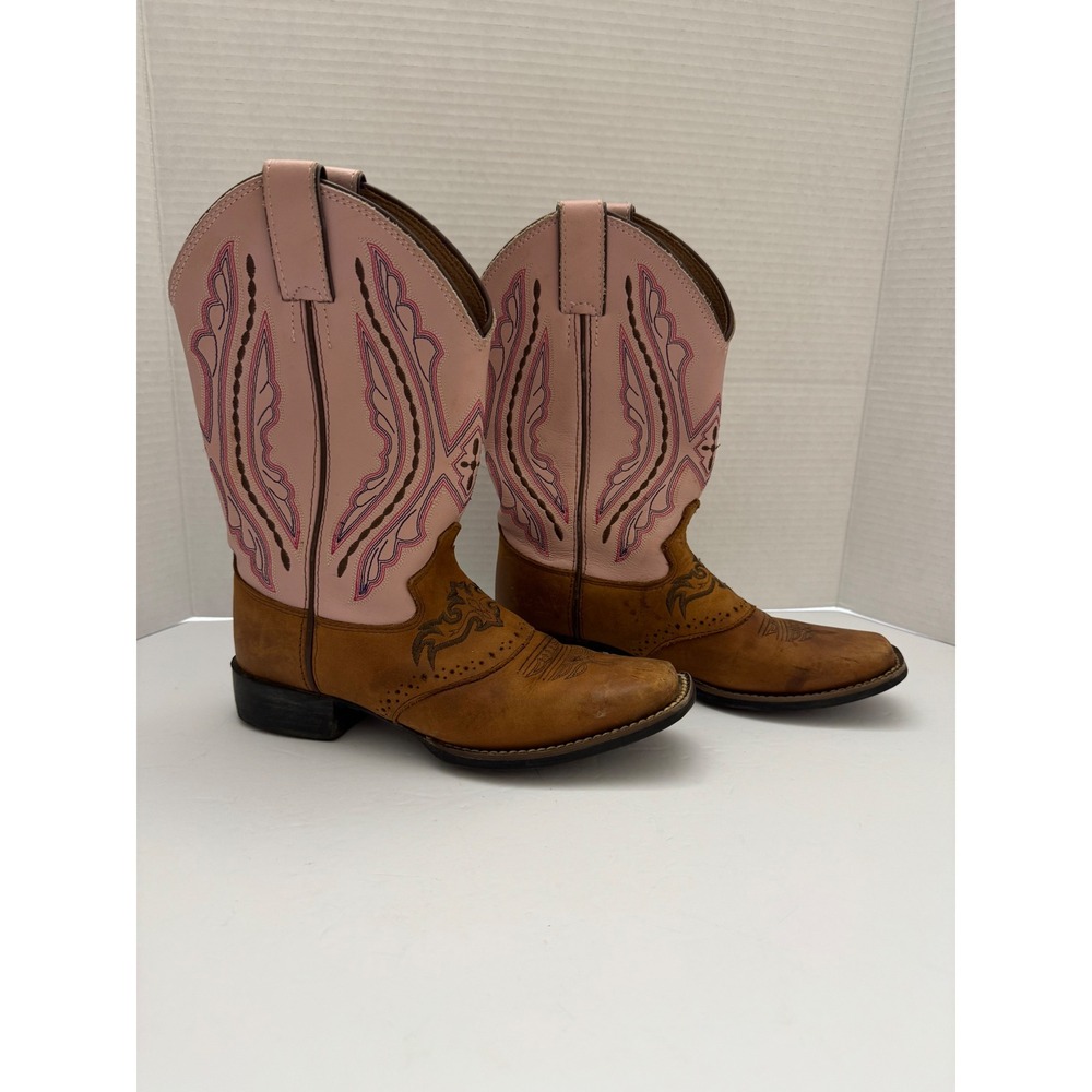 Justin Boots Brown & Pink Leather Cowgirl Boots Square Toe 2669Y Girls Size 2